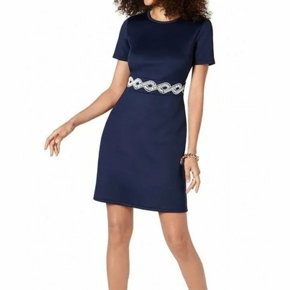 Michael Kors Navy Blue Career Dress with White Embroidered Accents Sz XS